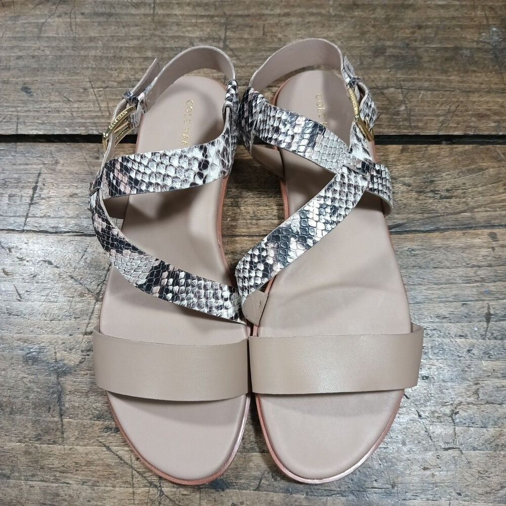 Cole Haan Sz 9.5 B Sandals Leather Strappy Shoes Findra Tan Snake Buckle